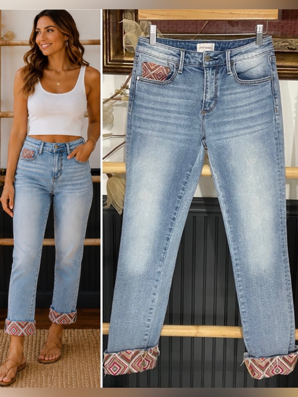 Driftwood Colette Diamond Daze Denim Light Wash Embroidered Cuffed Jeans- 25 🧡🎀